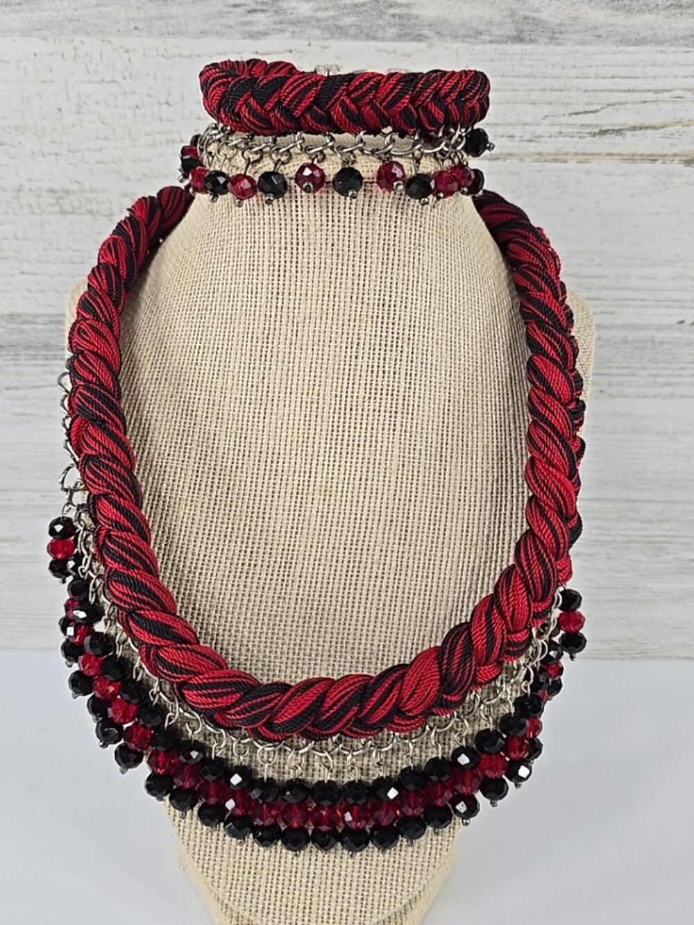 Red Black Faceted Bead Necklace Bracelet Set Silver Tone Braided Cord Statement.